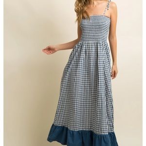 Blue Gingham Print Smocked Maxi Dress- Pinkblush